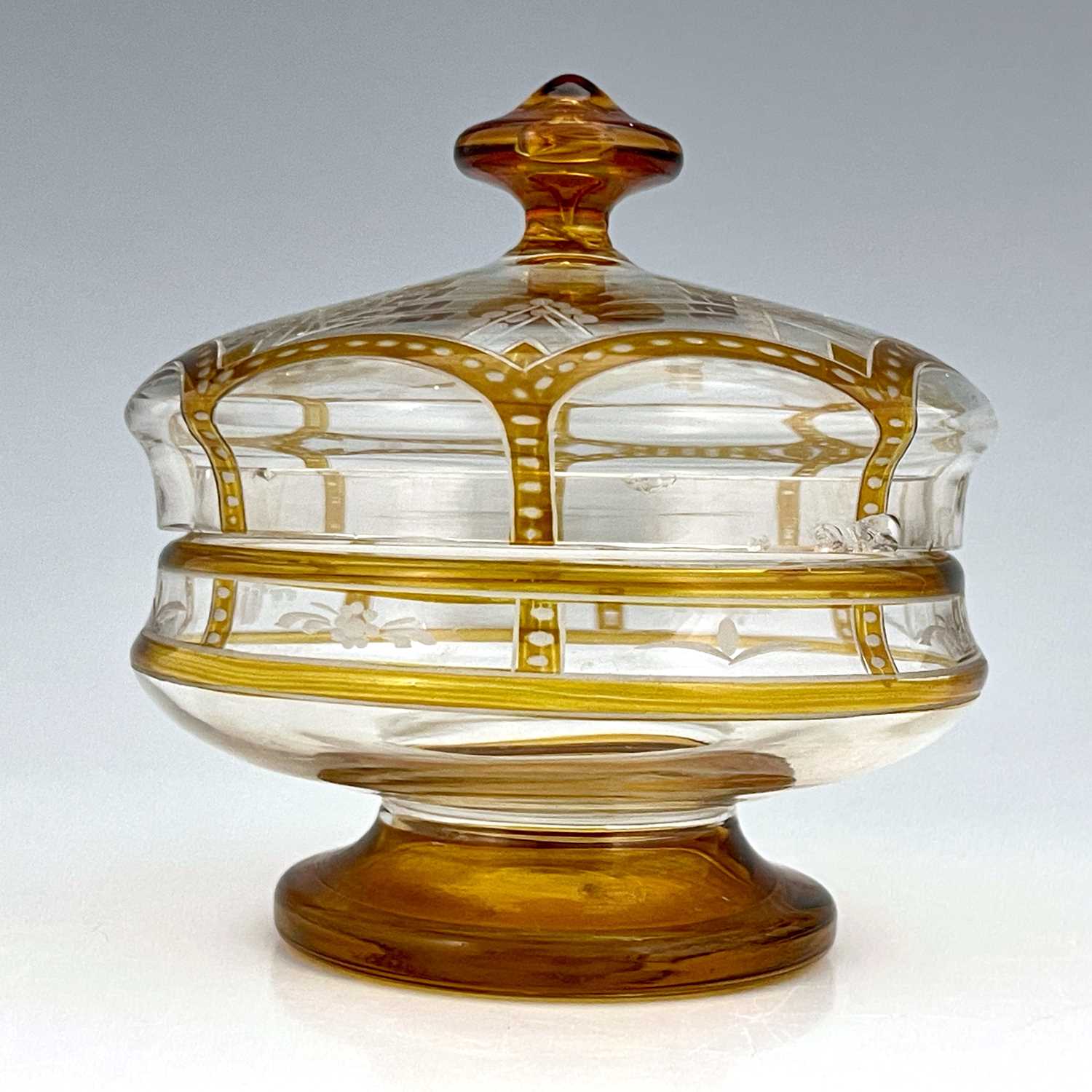 A Secessionist amber flashed and etched glass bowl and cover, Haida, circa 1915, pedestal ogee - Image 2 of 2