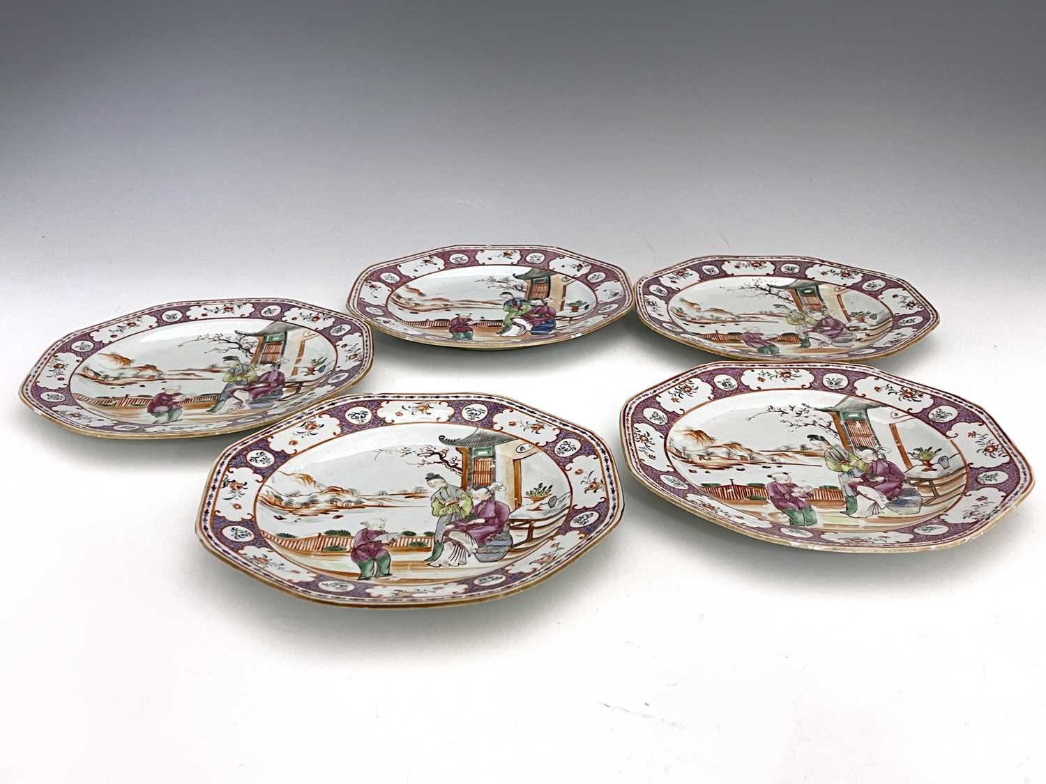 A set of five Chinese famille rose plates, 18th century, octagonal form, painted in the Cantonese - Image 2 of 7