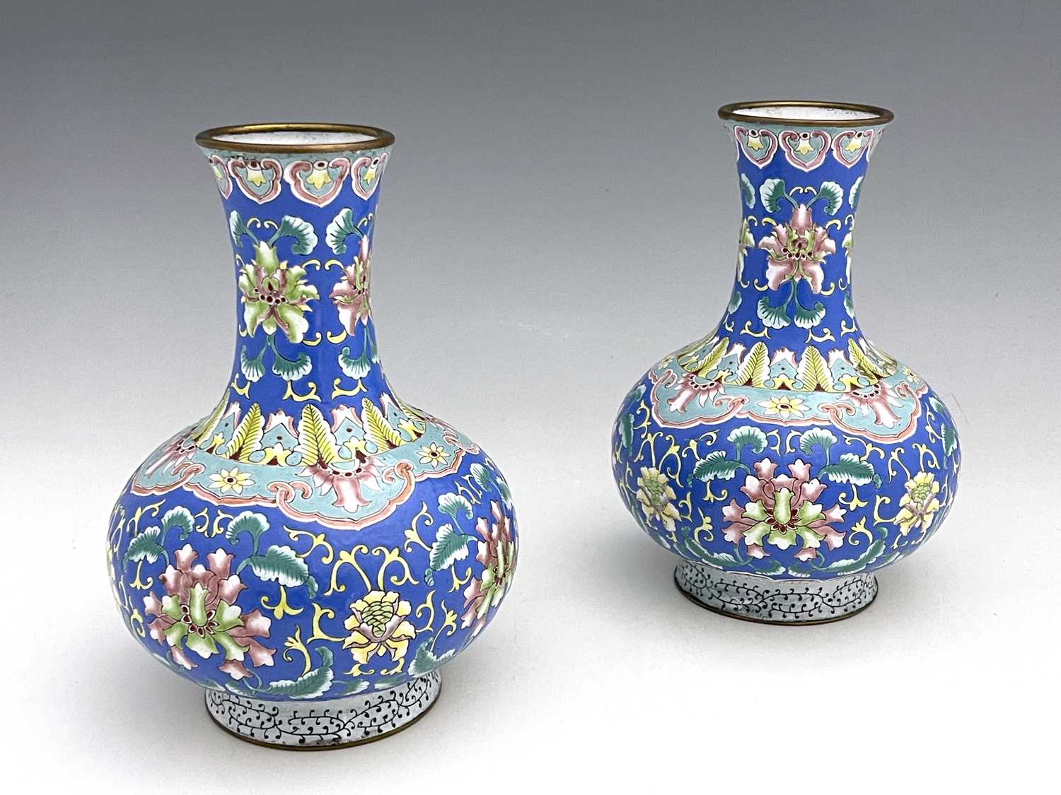 A pair of Chinese famille rose enamelled metal vases, footed baluster form, painted in the - Image 2 of 5