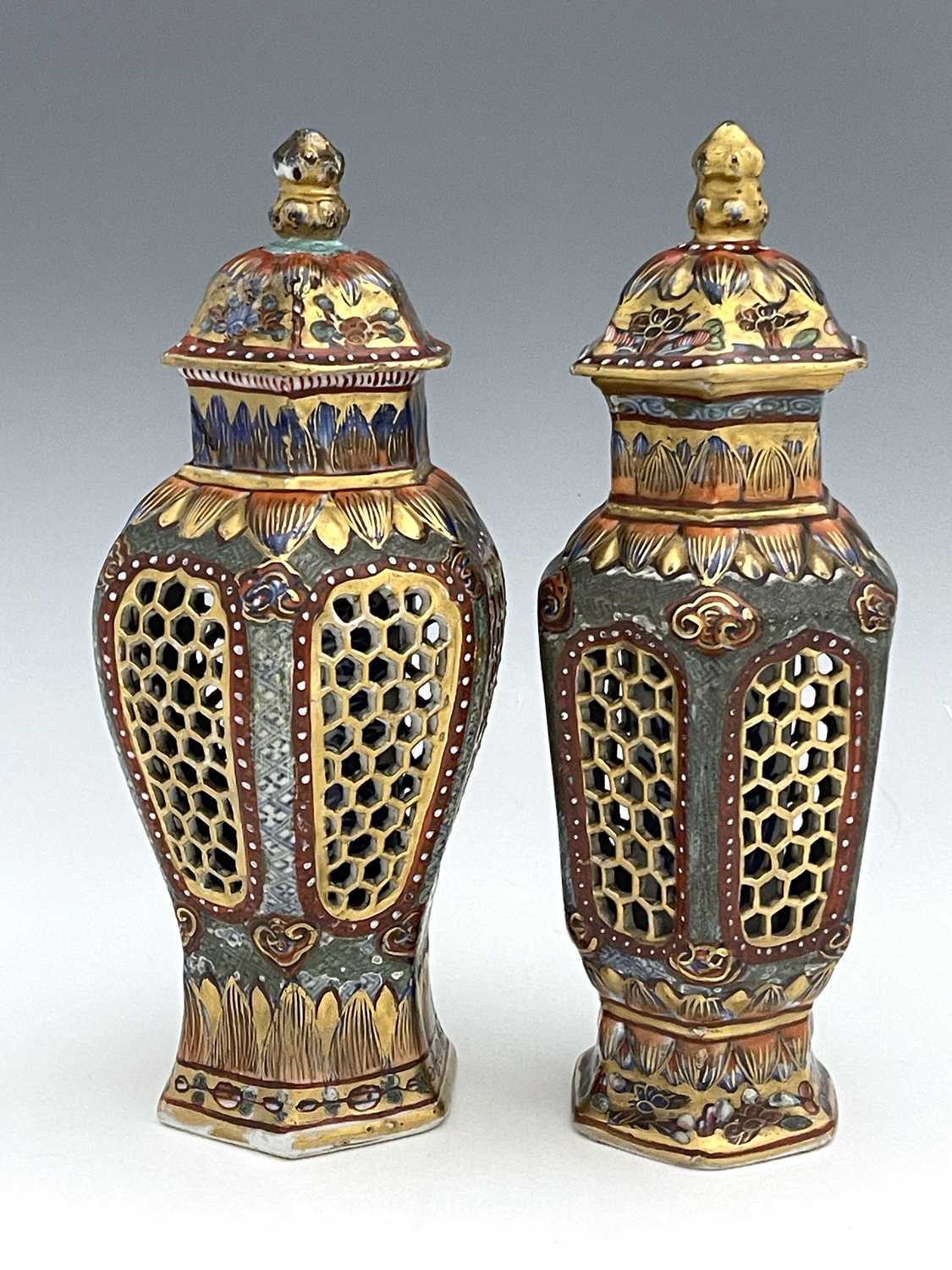 A matched pair of Chinese reticulated vases and covers, hexagonal section inverse baluster form, - Image 2 of 8