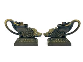 A pair of George IV Thomas Messenger bronze colza rhyton oil lamps, circa 1820, each in the form