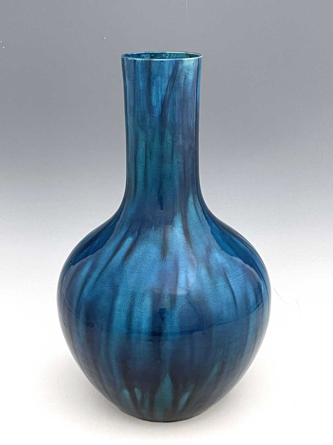 A large Chinese monochrome vase, bulbous form with cylindrical neck, streaky turquoise glaze, 43cm