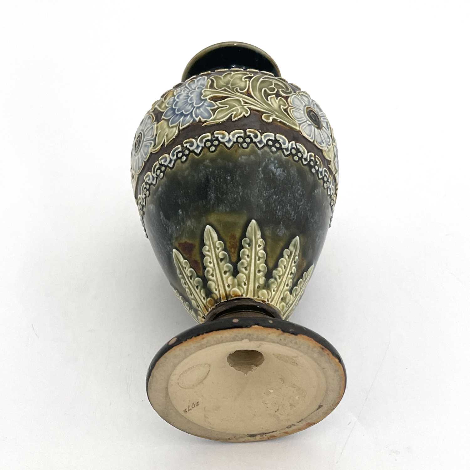 A Royal Doulton stoneware vase, shouldered and footed form, relief moulded floral bands, 18cm high - Image 4 of 5