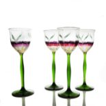 Theresienthal, a set of four Jugendstil enamelled floral wine glasses, circa 1900, the vertically
