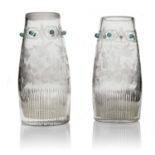 A pair of Stourbridge jewelled and engraved glass vases, circa 1870, tapered barrel form,