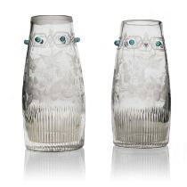 A pair of Stourbridge jewelled and engraved glass vases, circa 1870, tapered barrel form,