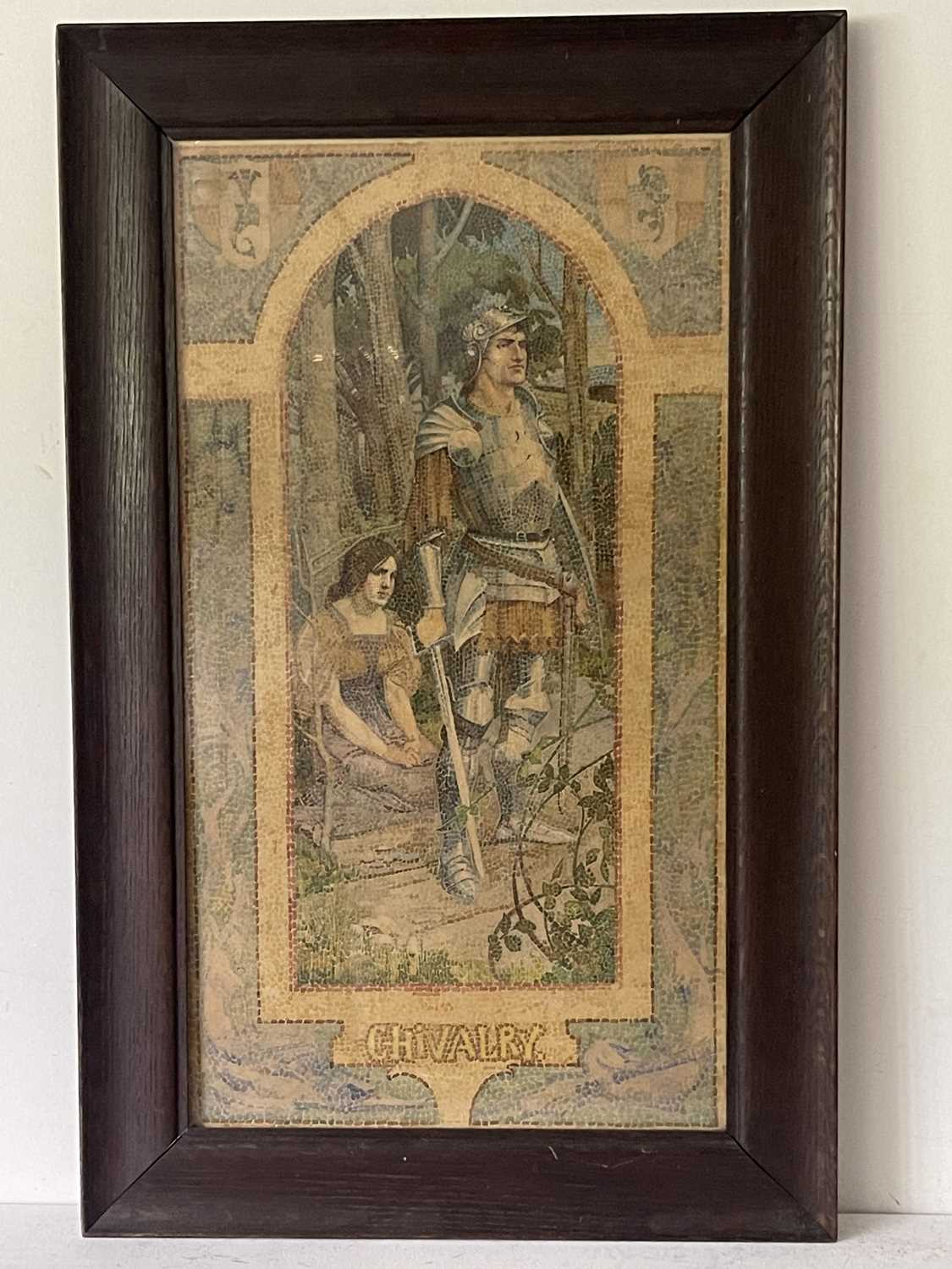Arts & Crafts School, circa 1900, 'Chivalry' - a knight in armour guarding a maiden, titled l.c., - Image 2 of 3