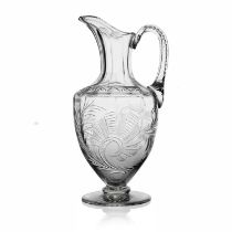 A half size Stourbridge Etruscan Revival glass ewer, circa 1860, optic ribbed footed Grecian