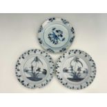 Two Lambeth Delft blue and white plates, circa 1760, each decorated with pairs of rabbits and
