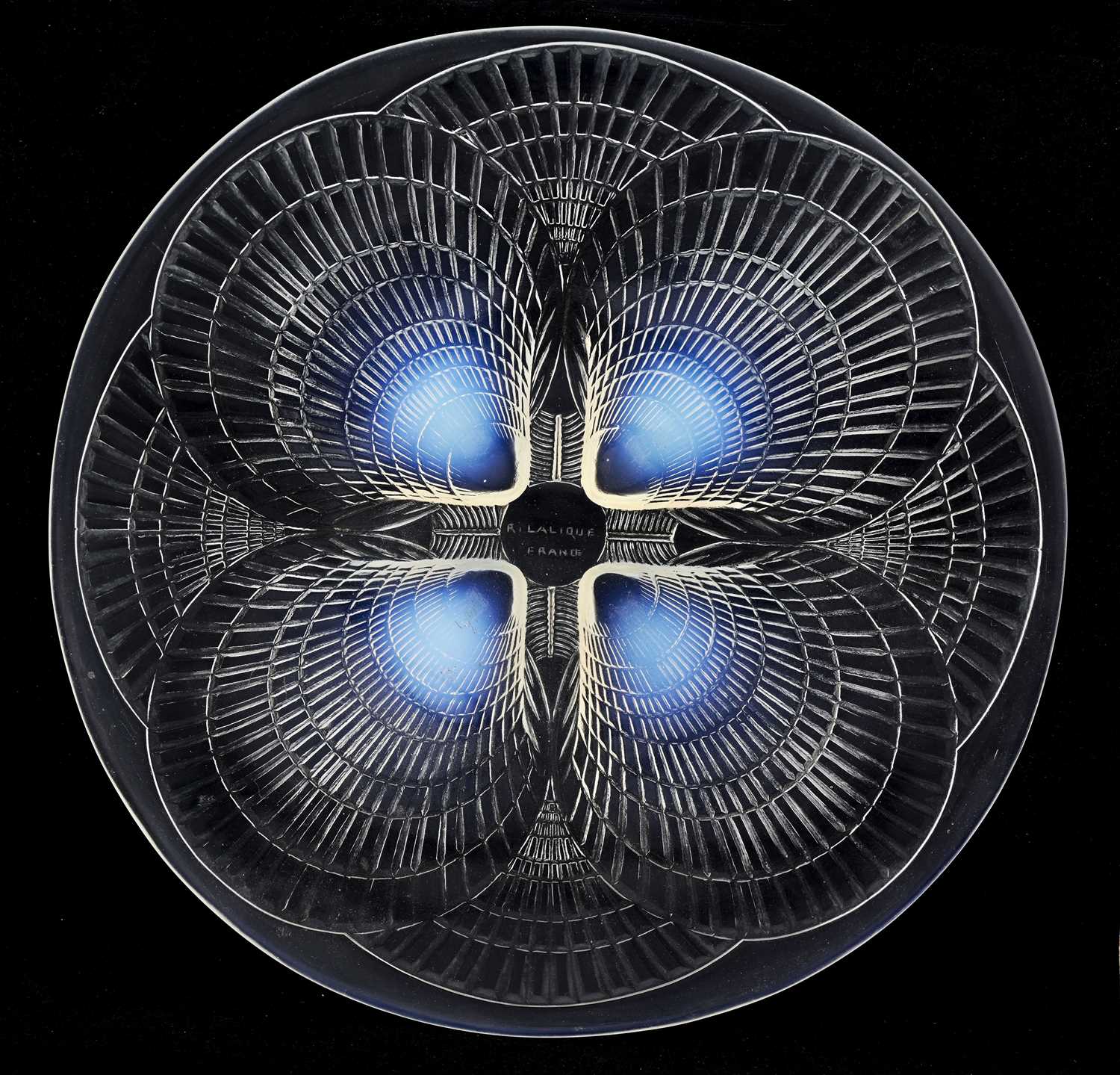 Rene Lalique, a Coquilles opalescent glass plate, model 3009, designed circa 1924, engraved mark R