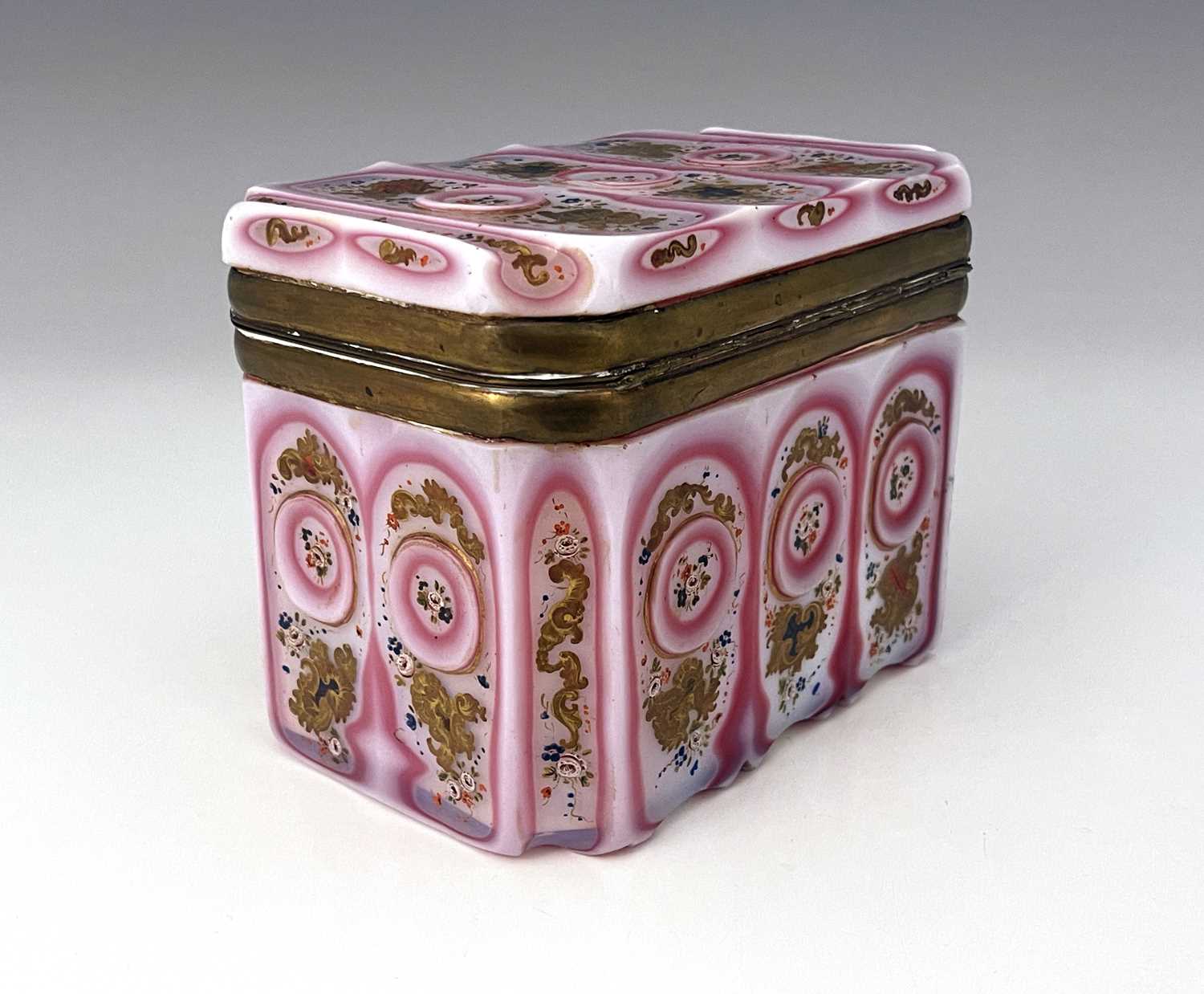 An early 19th century Barfatan enamelled and cased opaline glass casket, French or Bohemian, - Image 5 of 8