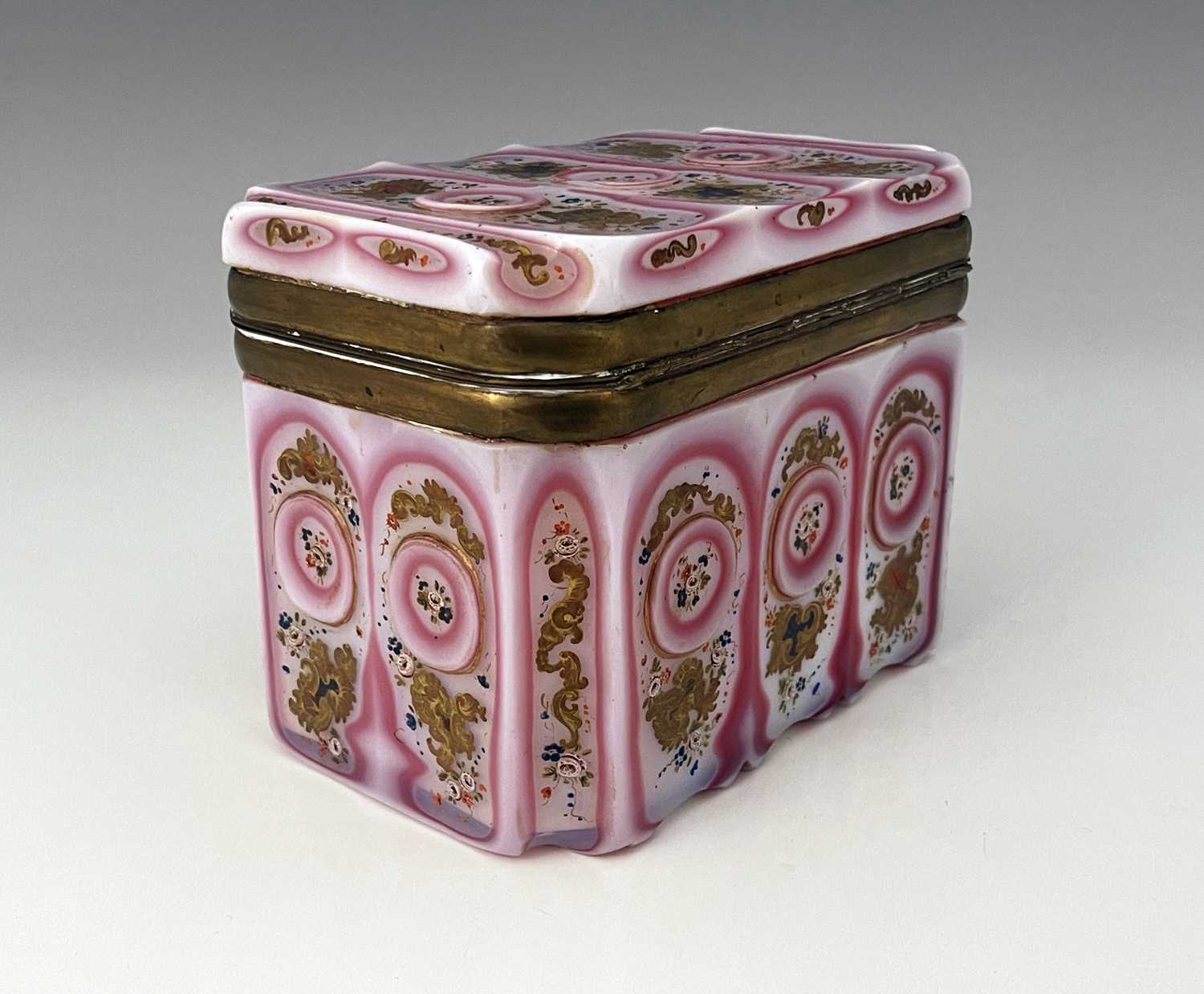 An early 19th century Barfatan enamelled and cased opaline glass casket, French or Bohemian, - Image 3 of 8