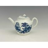 A small Worcester blue and white teapot, unmarked, circa 1758-60, printed with the Plantation