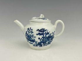 A small Worcester blue and white teapot, unmarked, circa 1758-60, printed with the Plantation