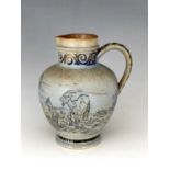 Hannah Barlow for Doulton Lambeth, a stoneware jug, 1874, shouldered ovoid form, sgraffito decorated