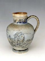 Hannah Barlow for Doulton Lambeth, a stoneware jug, 1874, shouldered ovoid form, sgraffito decorated