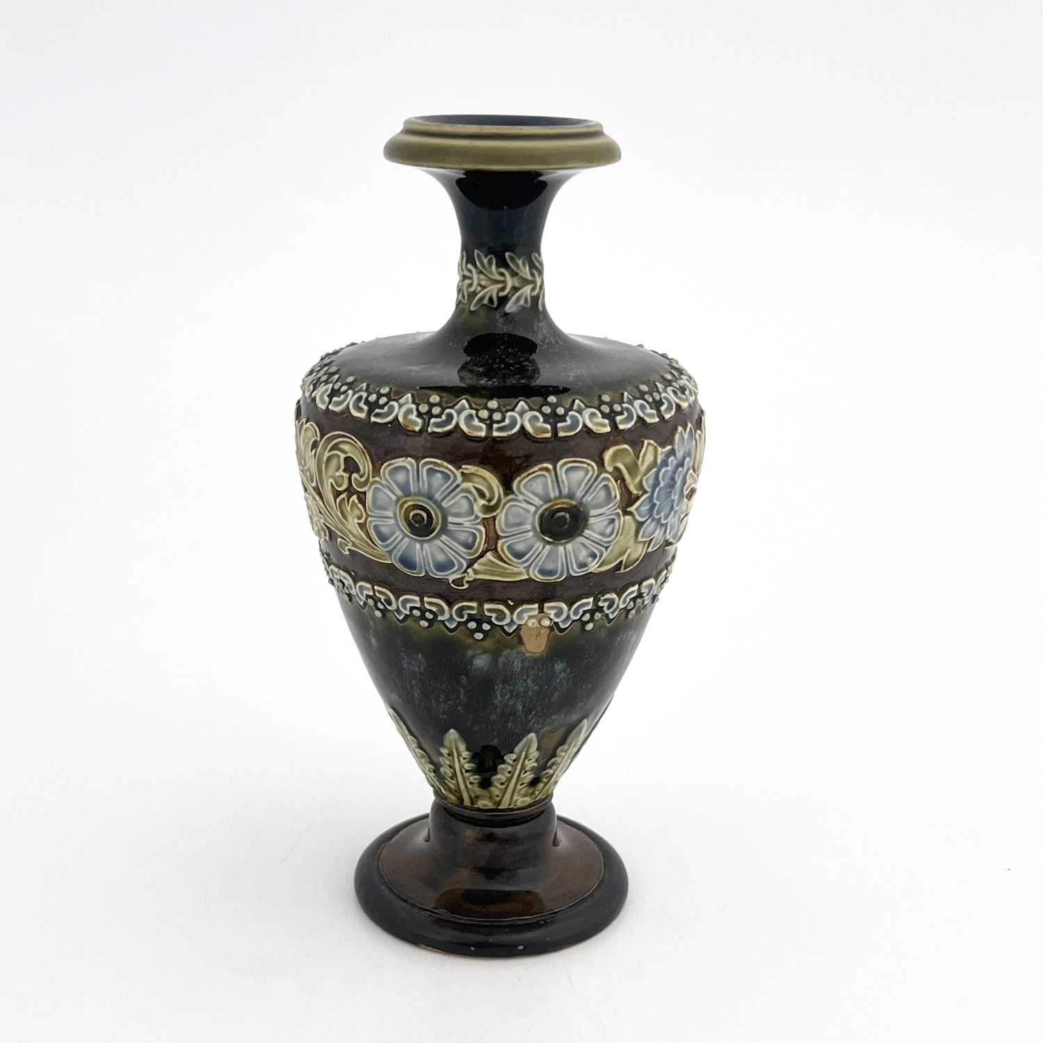 A Royal Doulton stoneware vase, shouldered and footed form, relief moulded floral bands, 18cm high - Image 2 of 5