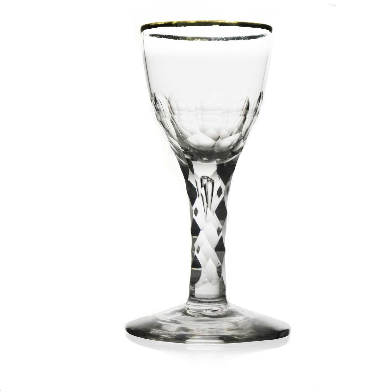 A facet stem wine glass, circa 1780, the rounded bowl with silvered rim, half cut to the lower - Image 2 of 2