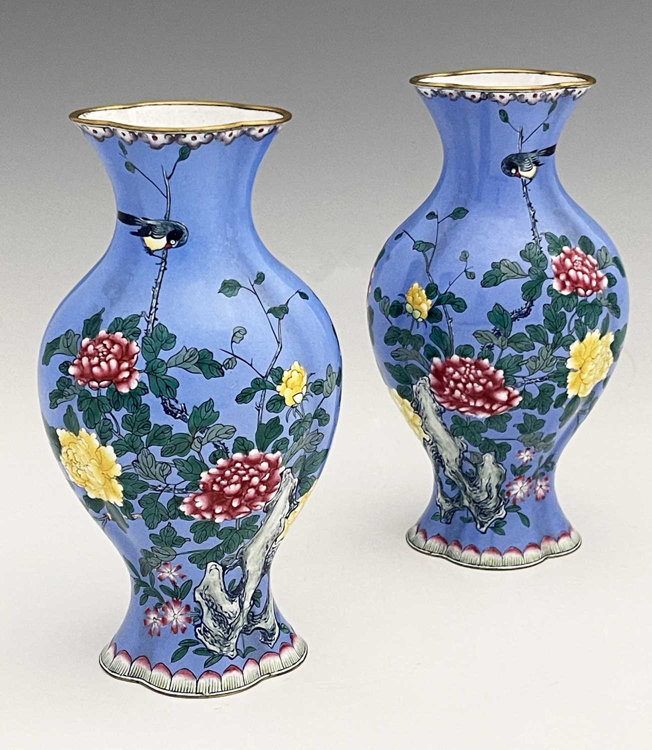 A pair of Chinese famille rose enamelled metal vases, lobed baluster form, painted with naturalistic - Image 4 of 4