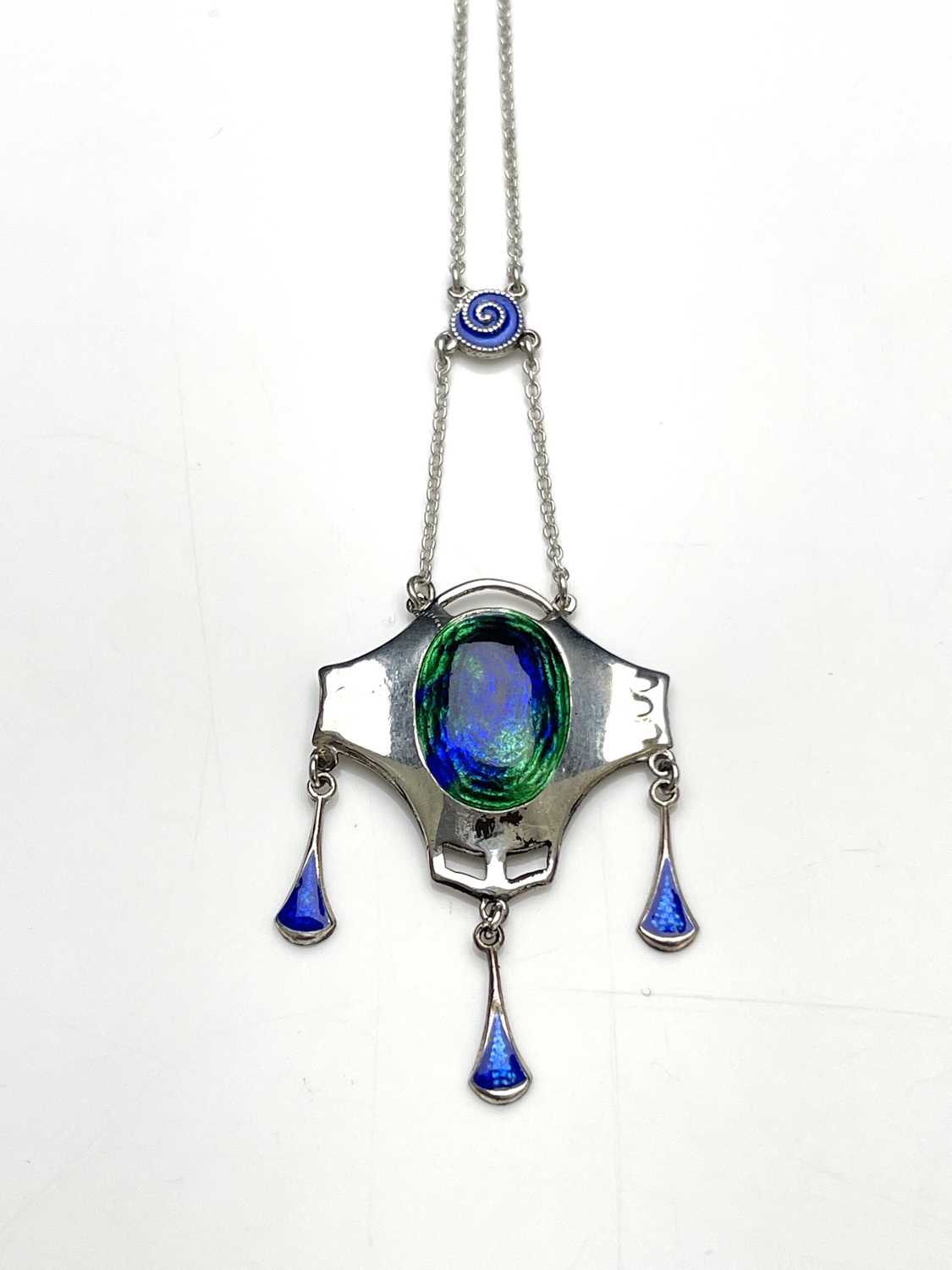 Charles Horner, an Arts and Crafts silver and enamelled pendant necklace, Chester 1911, geometric