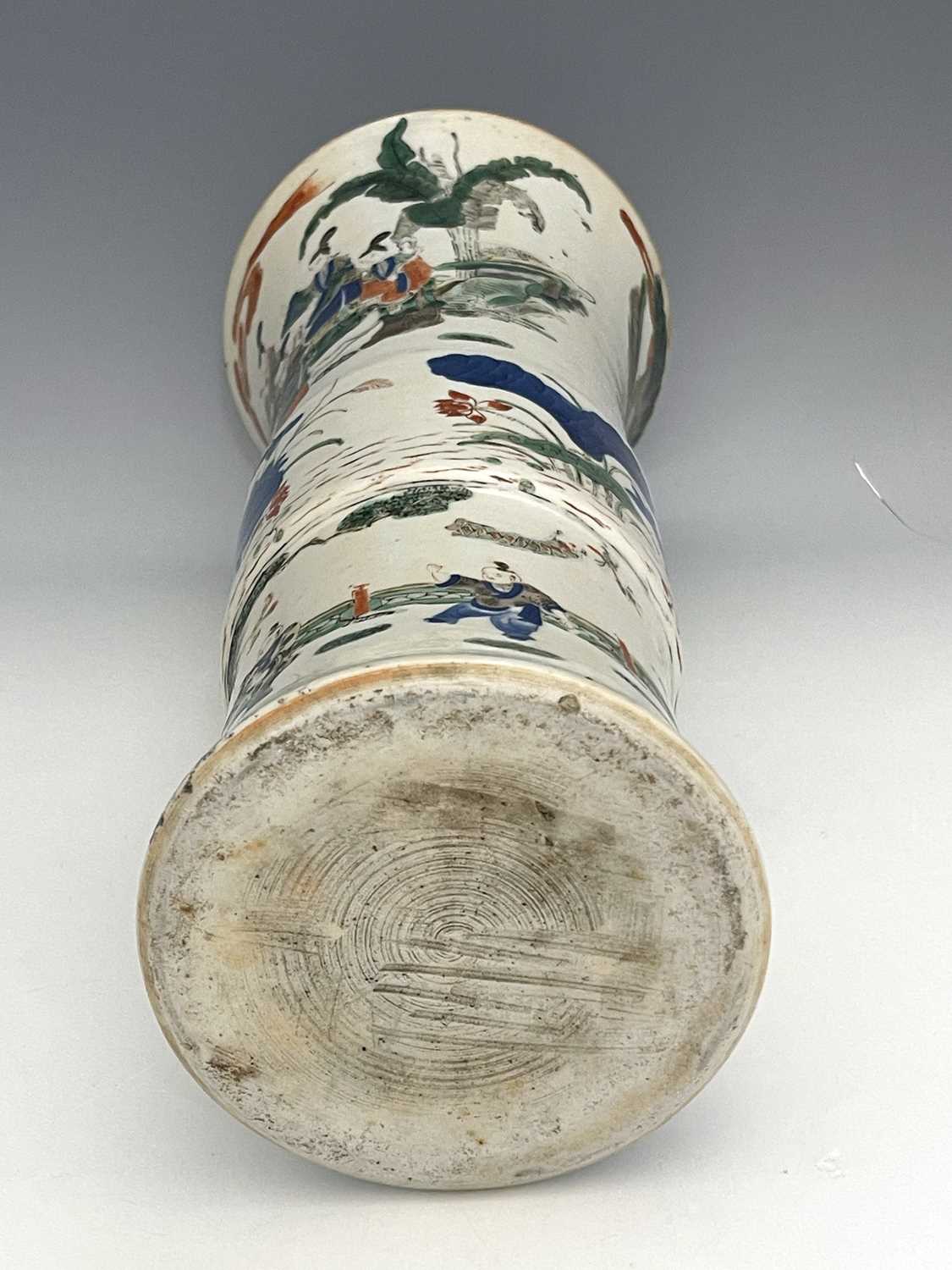 A Chinese Doucai Gu vase, cylindrical flared form, painted in the round with three bands, - Image 2 of 9