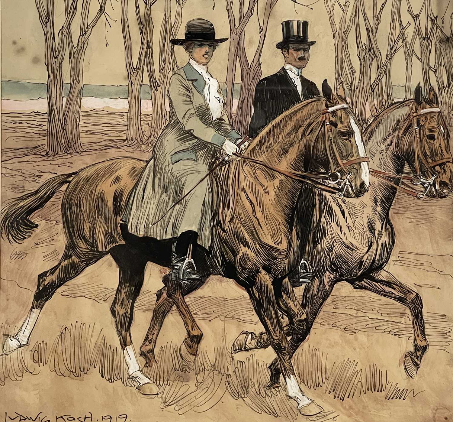 Ludwig Koch (Austrian, 1866-1934), Our for a Ride, signed and dated 1919 l.l., pen and wash