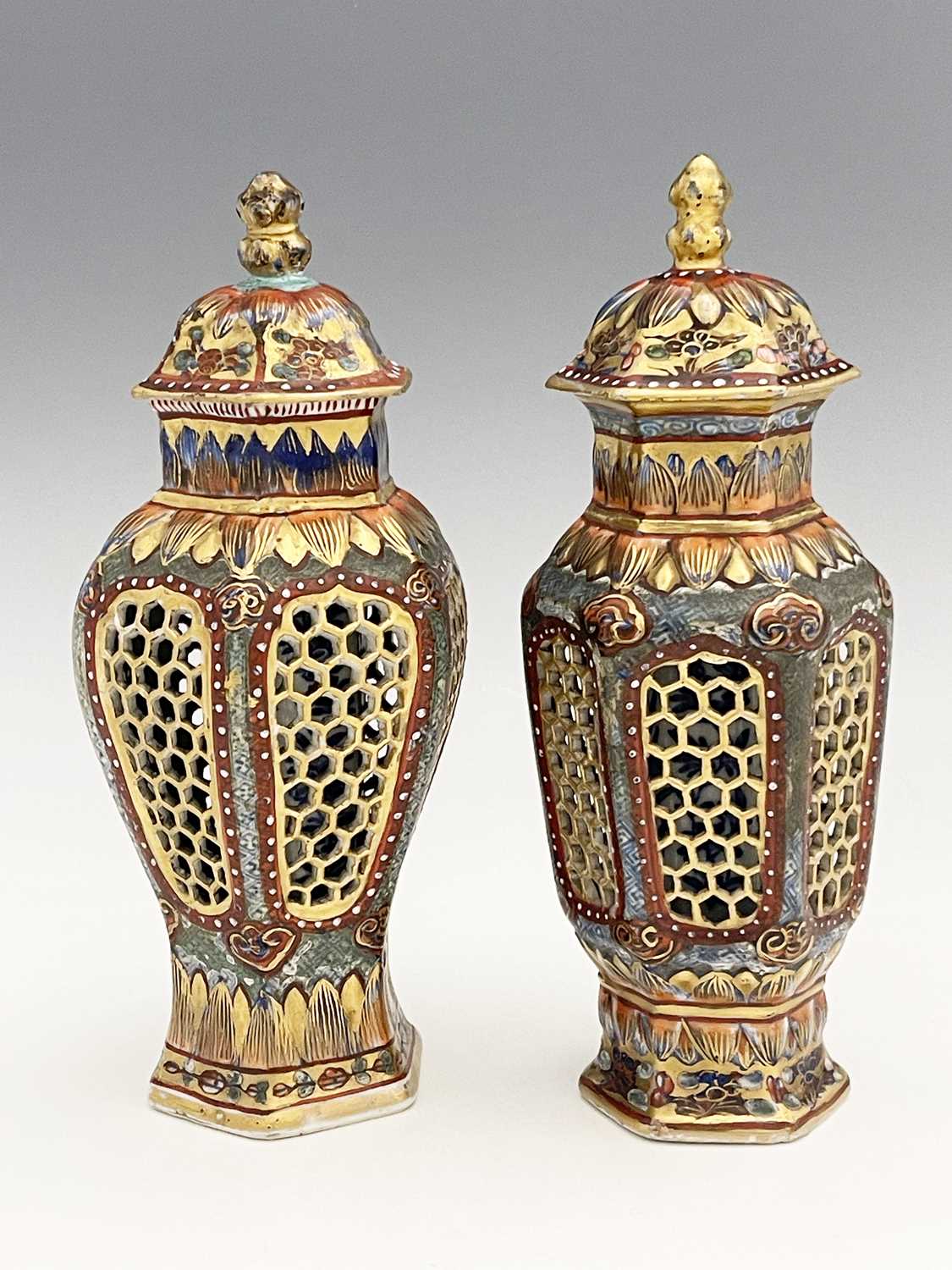 A matched pair of Chinese reticulated vases and covers, hexagonal section inverse baluster form, - Image 3 of 8