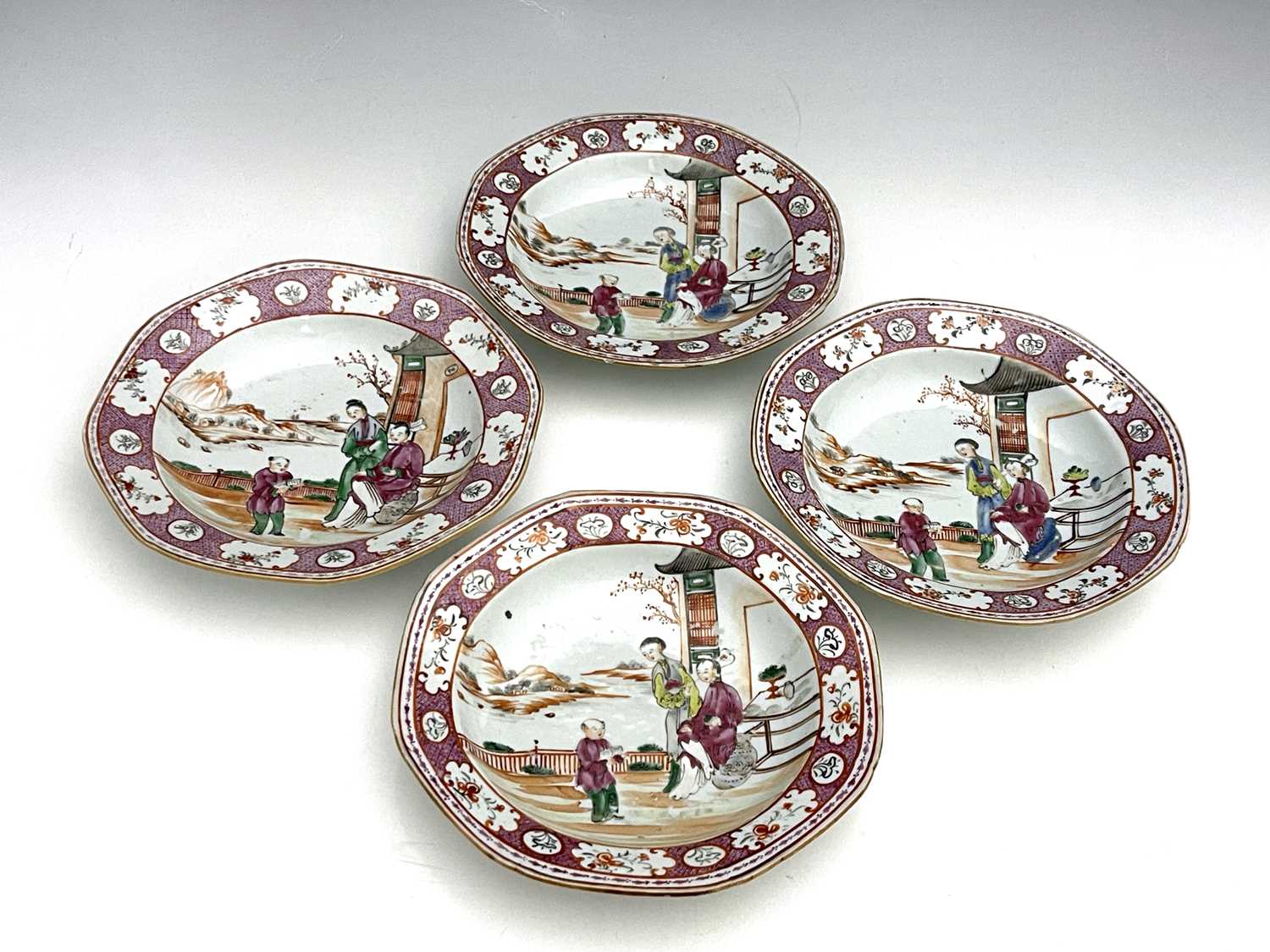 A set of five Chinese famille rose plates, 18th century, octagonal form, painted in the Cantonese - Image 5 of 7