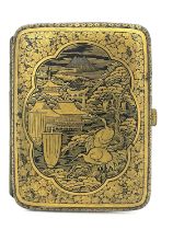 A Japanese gilt lacquer cigarette case, circa 1900, rectangular cushioned form, three coloured