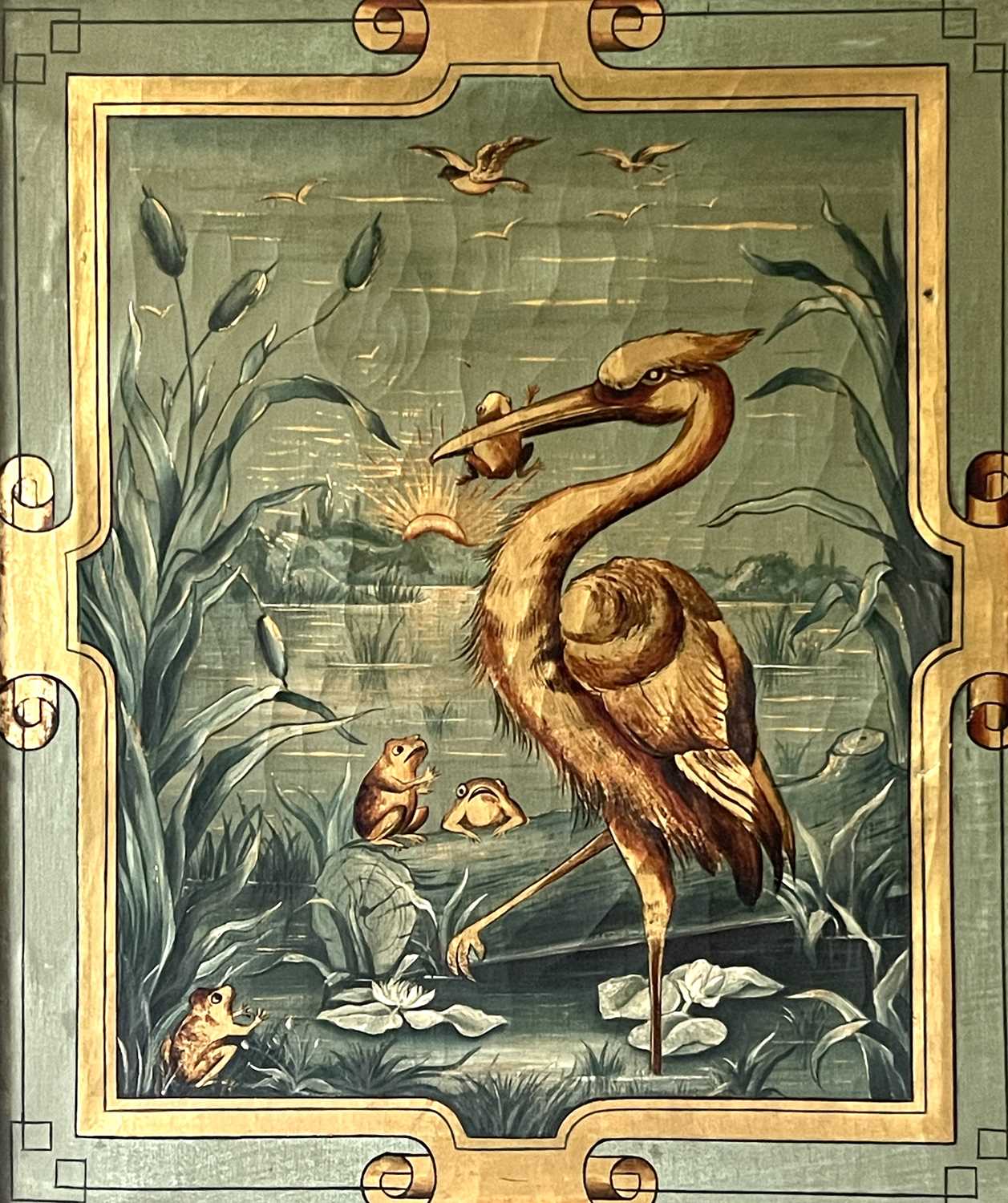 Circle of Walter Crane, circa 1880, a stork standing amongst waterlilies with frogs in the Aesthetic