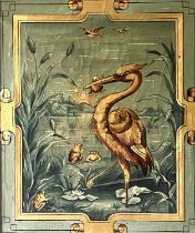 Circle of Walter Crane, circa 1880, a stork standing amongst waterlilies with frogs in the Aesthetic