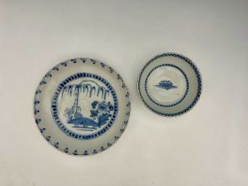 A London Delft blue and white dish and bowl, the large shallow dish painted with weeping willow