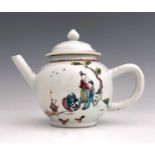 A Chinese famille rose teapot, 18th century, spherical form, painted with figures beneath pine