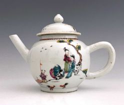 A Chinese famille rose teapot, 18th century, spherical form, painted with figures beneath pine