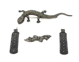 Art Deco silver and marcasite jewellery including Salamander brooch, pair of geometric panel
