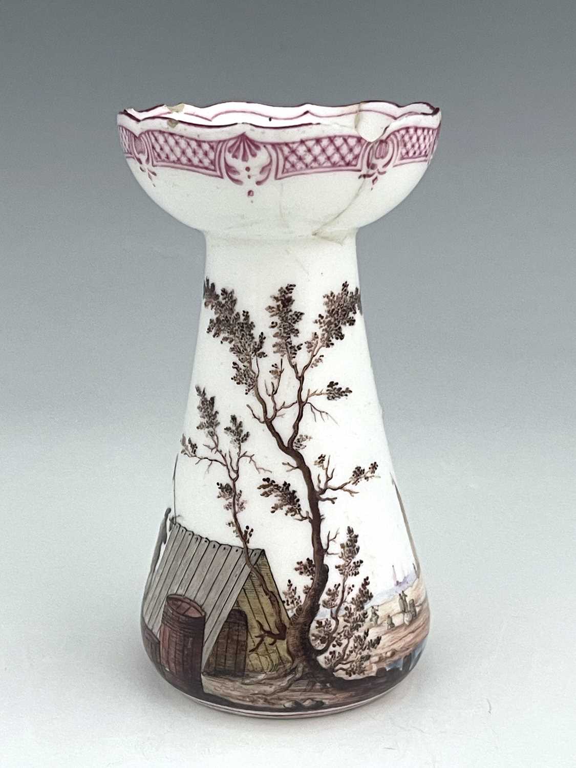 A Vincennes porcelain candlestick, 1745-50, conical hyacinth vase form with ogee rim, the body - Image 2 of 8