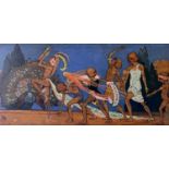 British School, circa 1920's, An Exotic Dance, a frieze design with figures, oil on panel, 30 by