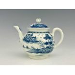 A Worcester blue and white teapot and cover, open crescent mark, circa 1770, bullet form painted