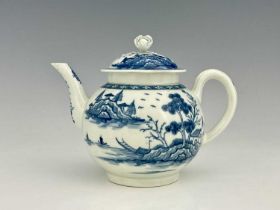 A Worcester blue and white teapot and cover, open crescent mark, circa 1770, bullet form painted