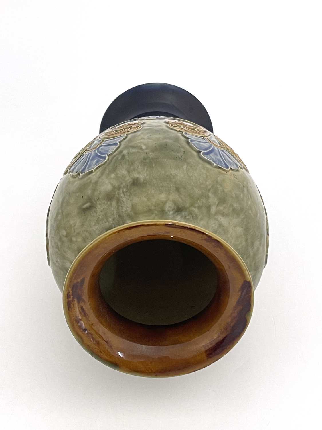 A Royal Doulton stoneware vase, inverse baluster form, moulded with foliate fronds, green and blue - Image 3 of 5