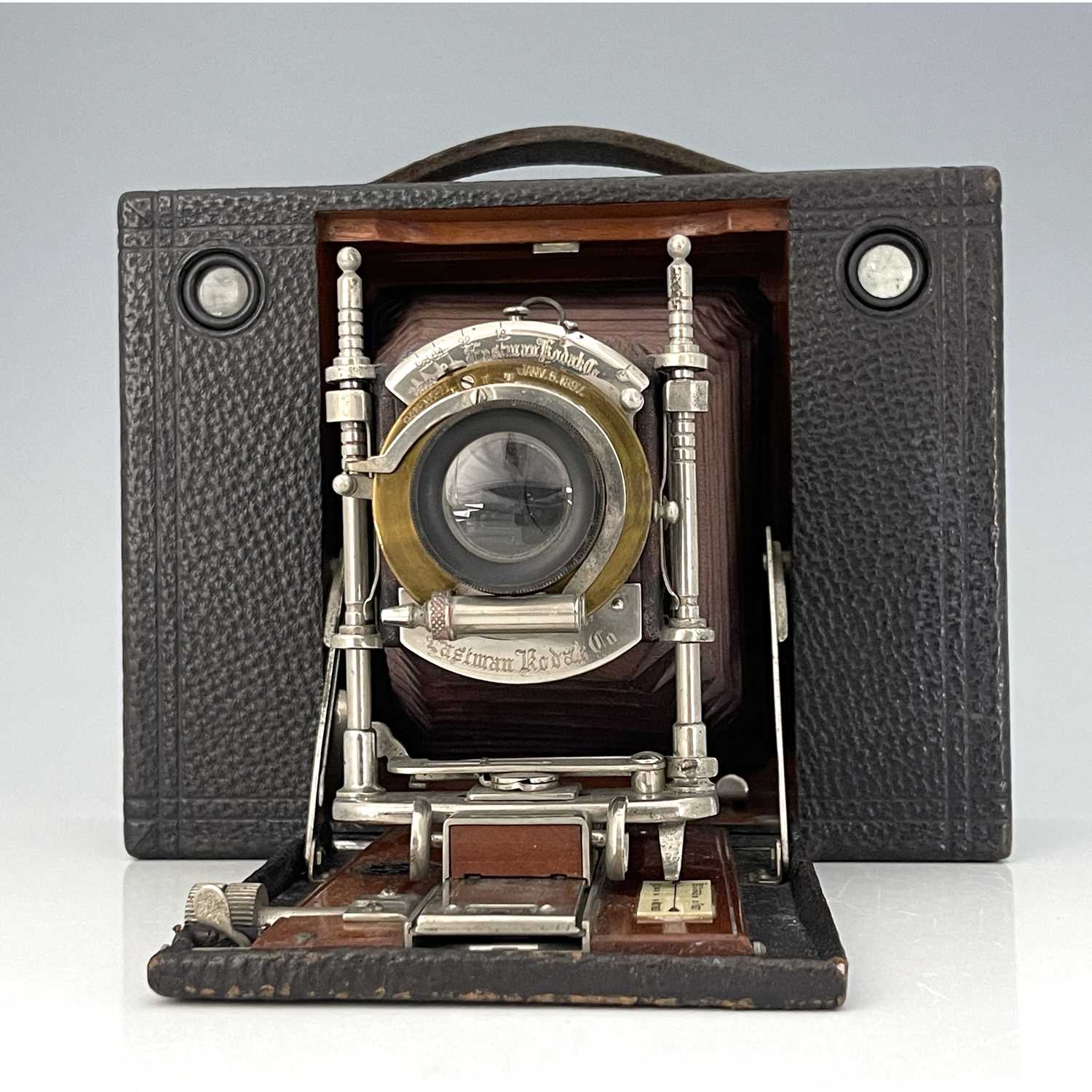 An Eastman Kodak Cartridge concertina camera, brown bellows, with ivorine Sands Hunter plaque, - Image 5 of 5