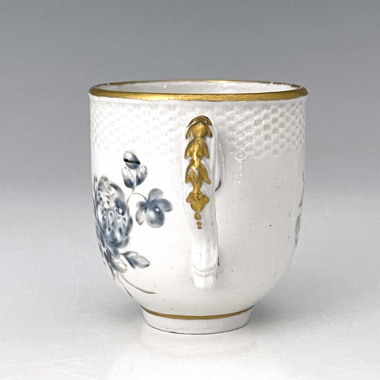 A Bristol porcelain coffee cup, cross mark, circa 1770, rattan moulded border above blue - Image 5 of 6