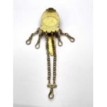 An early Victorian gilt metal chatelaine belt hook, five carabiner hooks suspended on six chains