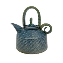 Jane Hamlyn, a studio pottery salt glazed stoneware teapot, domed conical form with reeded top