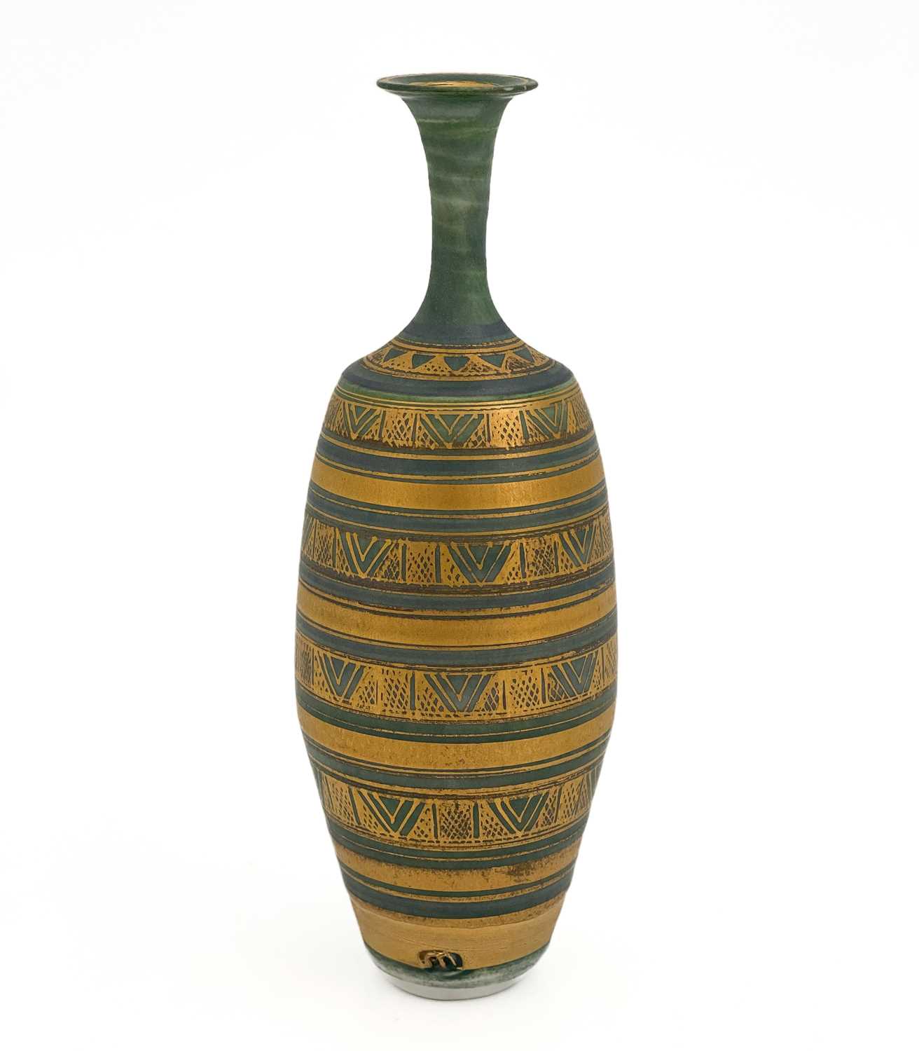 Mary Rich, a studio porcelain vase, elongated shouldered bottle form, painted with concentric