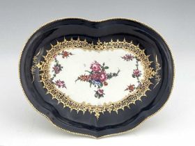 A Worcester polychrome floral strawberry dish, square seal mark, circa 1775, ogee heart shaped,