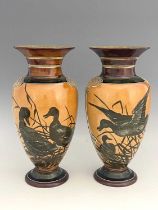 Florence Barlow and Bessie Newbery for Doulton Lambeth, a pair of pate sur pate vases, shouldered