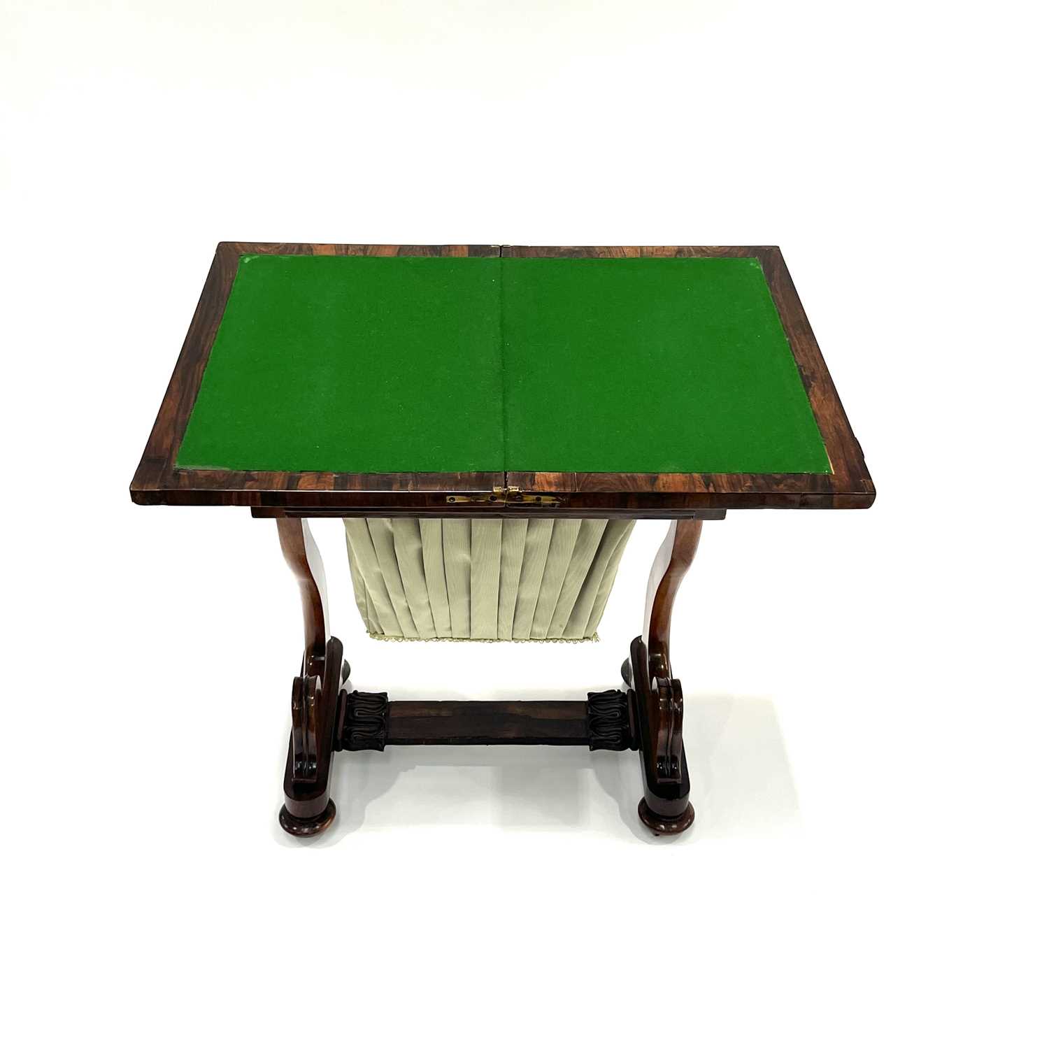 A Regency rosewood work and games table combined, circa 1820, fold-over top with green baize lining, - Image 2 of 6