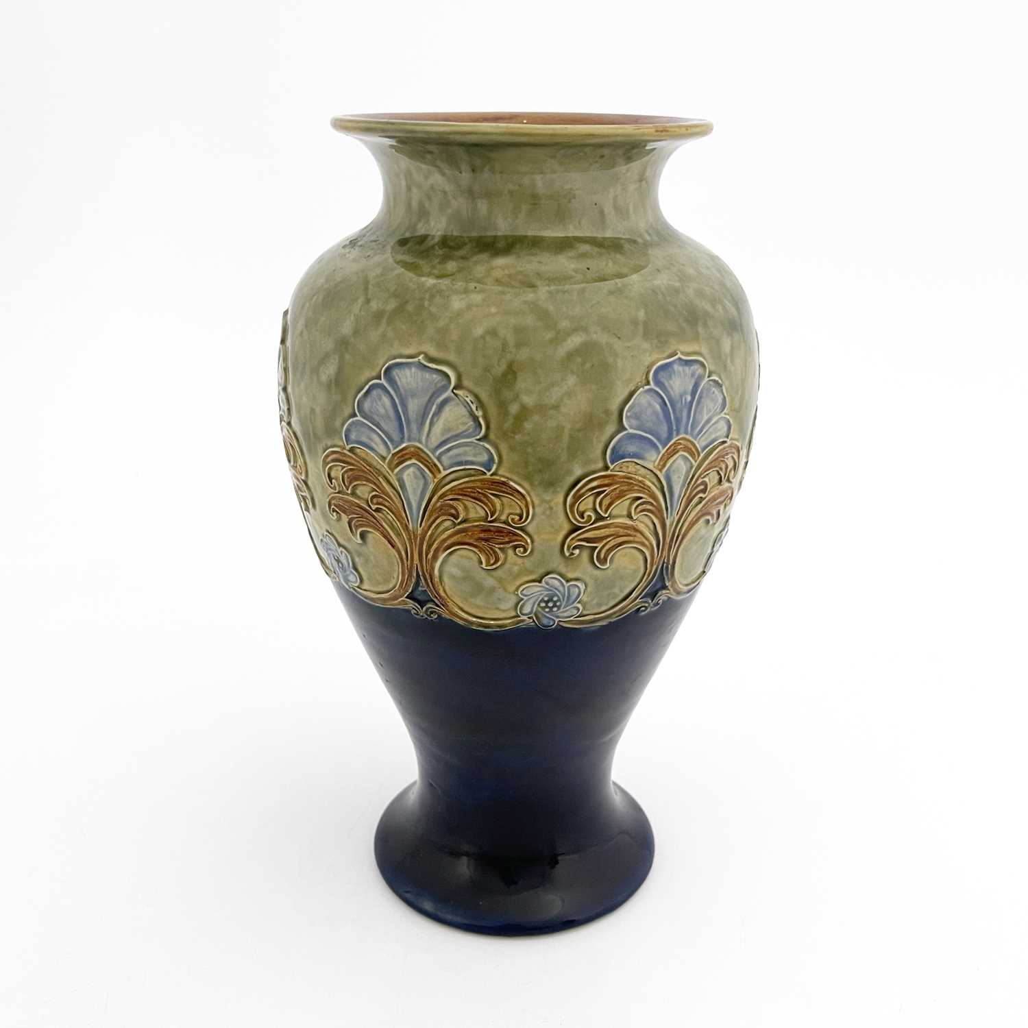 A Royal Doulton stoneware vase, inverse baluster form, moulded with foliate fronds, green and blue - Image 2 of 5