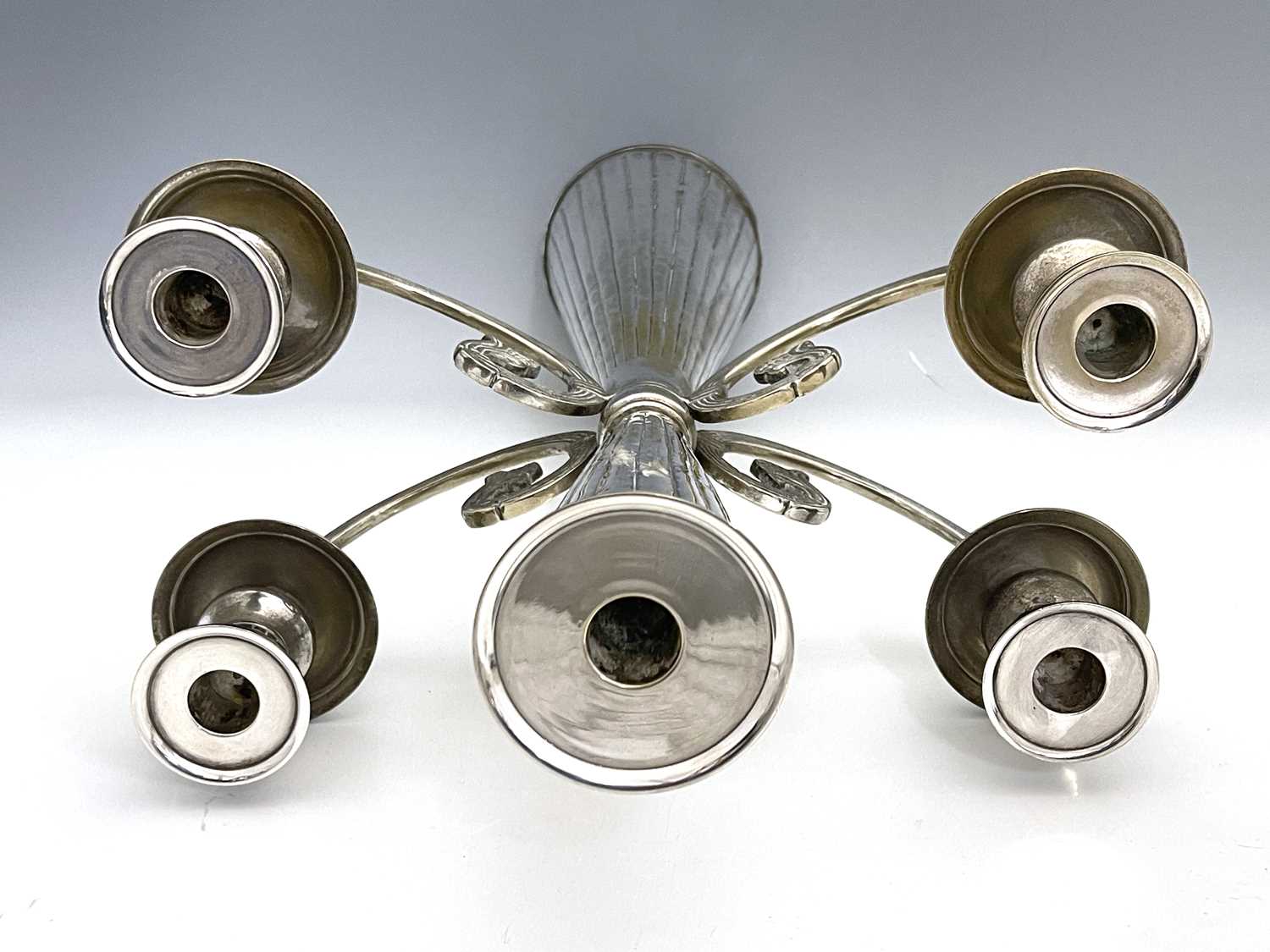 A large Jugendstil silver plated four arm candelabrum, circa 1925, conical form with embossed reeded - Image 3 of 4